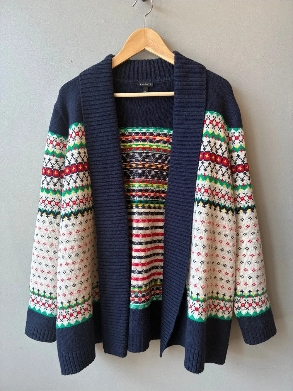 Talbots Navy Multicolor Fair Isle Open Front Shawl Collar Cardigan - Picture 2 of 6